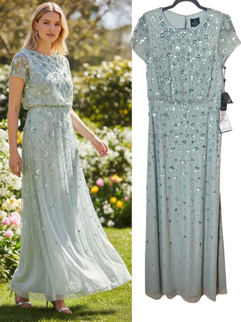 Adrianna Papell Green Dress Sequin Beaded Gown Wedding Guest Mother of the Bride